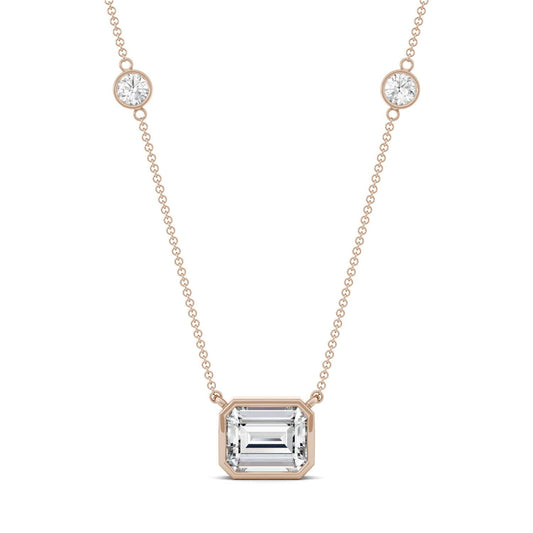 4.01 CTW DEW Emerald Forever One Moissanite East-West Solitaire with Side Accents Necklace in 14K Rose Gold