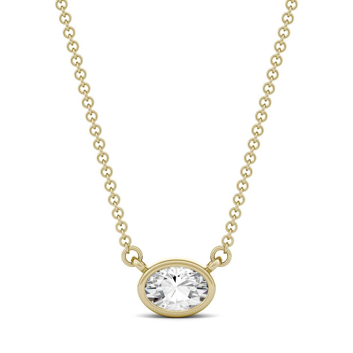 0.50 CTW DEW Oval Forever One Moissanite East-West Bezel Necklace in 14K Yellow Gold