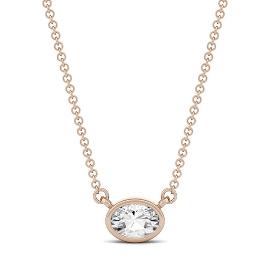 0.50 CTW DEW Oval Forever One Moissanite East-West Bezel Necklace in 14K Rose Gold