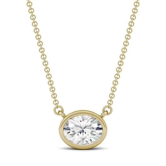 1.50 CTW DEW Oval Forever One Moissanite East-West Bezel Necklace in 14K Yellow Gold