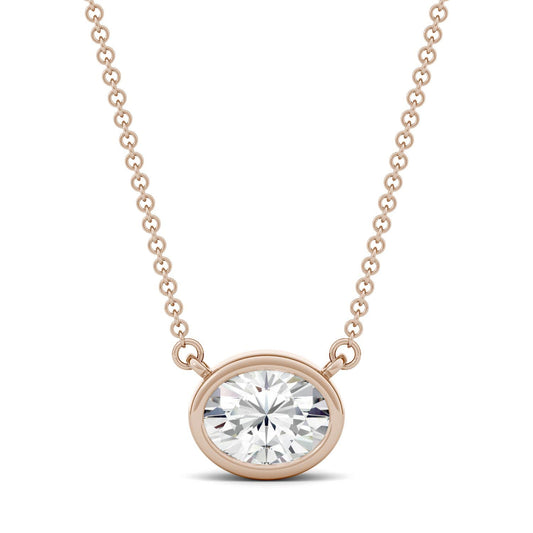 1.50 CTW DEW Oval Forever One Moissanite East-West Bezel Necklace in 14K Rose Gold
