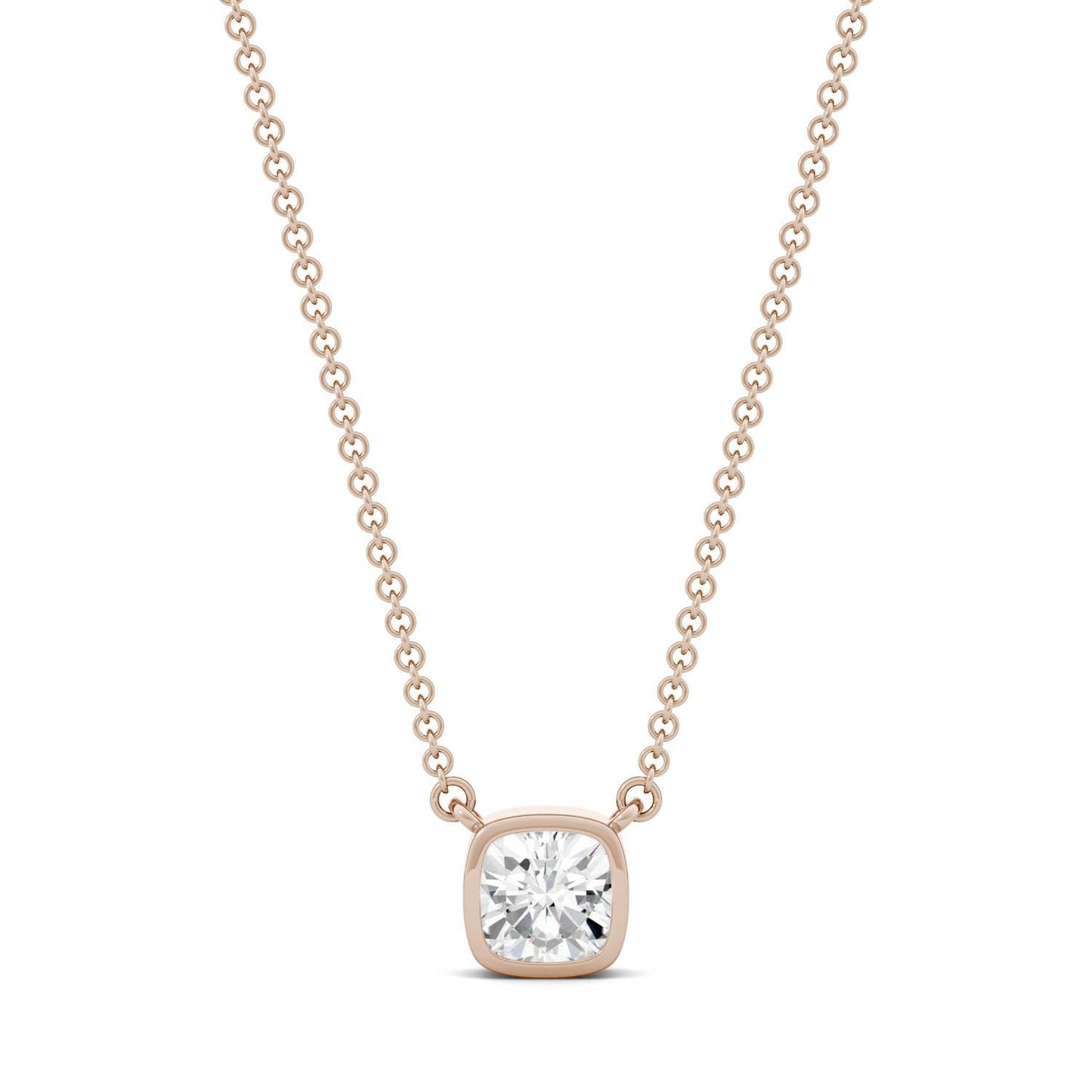 0.60 CTW DEW Cushion Forever One Moissanite Bezel Solitaire Necklace in 14K Rose Gold