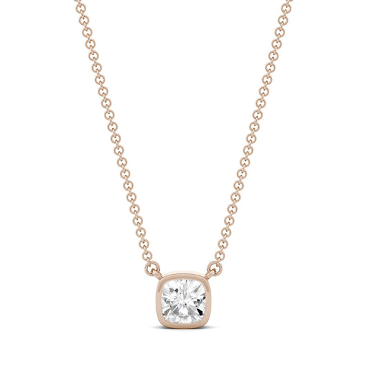 0.60 CTW DEW Cushion Forever One Moissanite Bezel Solitaire Necklace in 14K Rose Gold