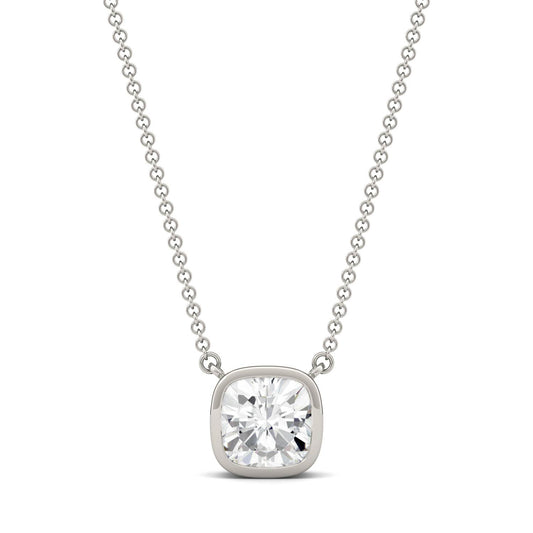 1.70 CTW DEW Cushion Forever One Moissanite Bezel Solitaire Necklace in 14K White Gold