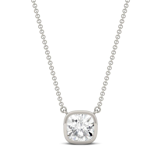 1.70 CTW DEW Cushion Forever One Moissanite Bezel Solitaire Necklace in 14K White Gold