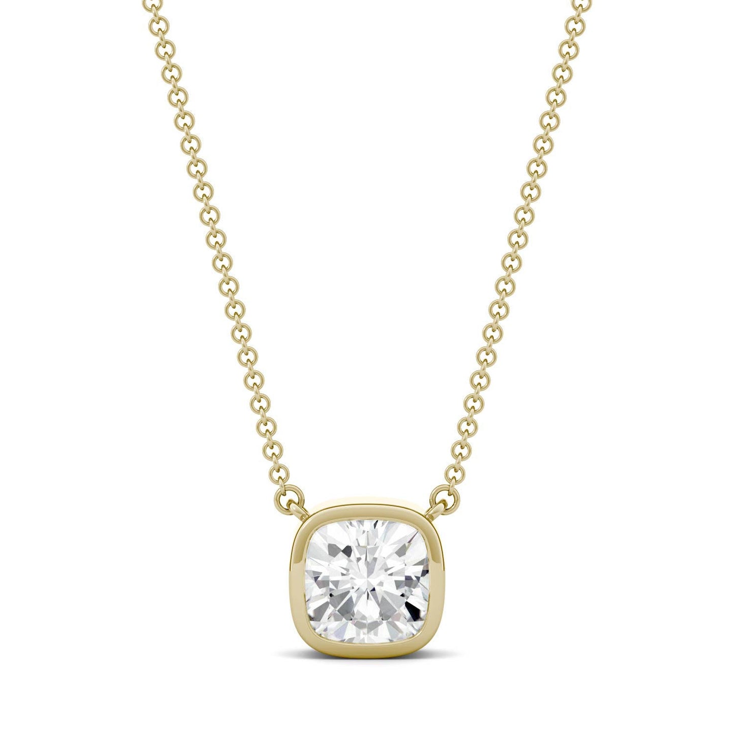 1.70 CTW DEW Cushion Forever One Moissanite Bezel Solitaire Necklace in 14K Yellow Gold