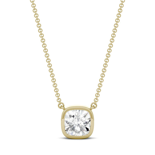 1.70 CTW DEW Cushion Forever One Moissanite Bezel Solitaire Necklace in 14K Yellow Gold