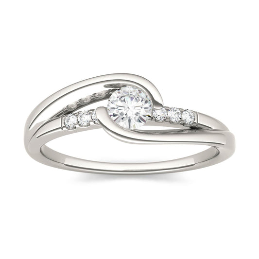 0.29 CTW DEW Round Forever One Moissanite Half Bezel Twist with Side Accents Ring in 14K White Gold