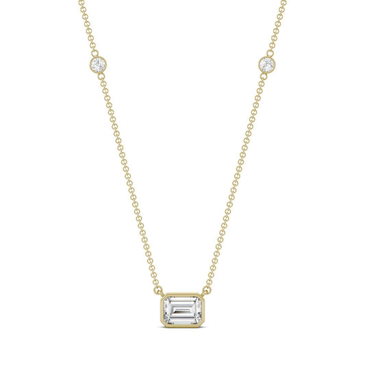 1.87 CTW DEW Emerald Forever One Moissanite East-West Solitaire with Side Accents Necklace in 14K Yellow Gold