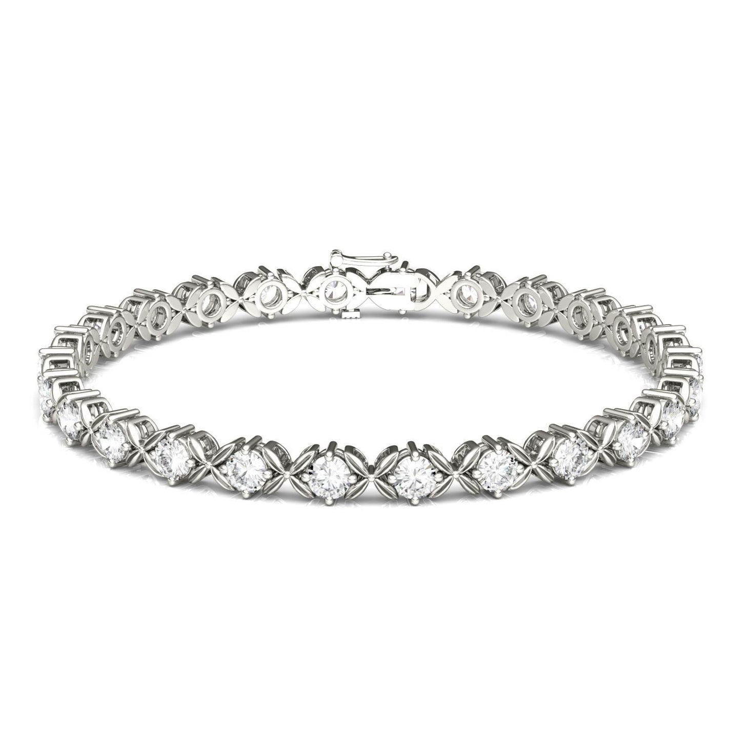 2.60 CTW DEW Round Forever One Moissanite Floral XO Tennis Bracelet in 14K White Gold