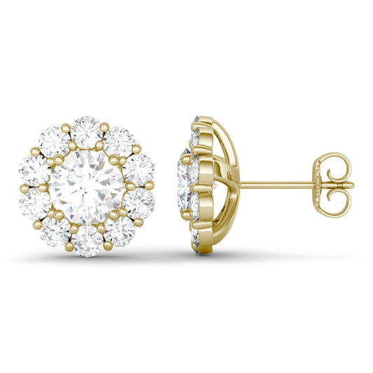 4.00 CTW DEW Round Forever One Moissanite Floral Halo Stud Earrings in 14K Yellow Gold