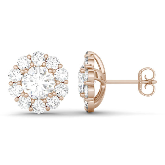 4.00 CTW DEW Round Forever One Moissanite Floral Halo Stud Earrings in 14K Rose Gold