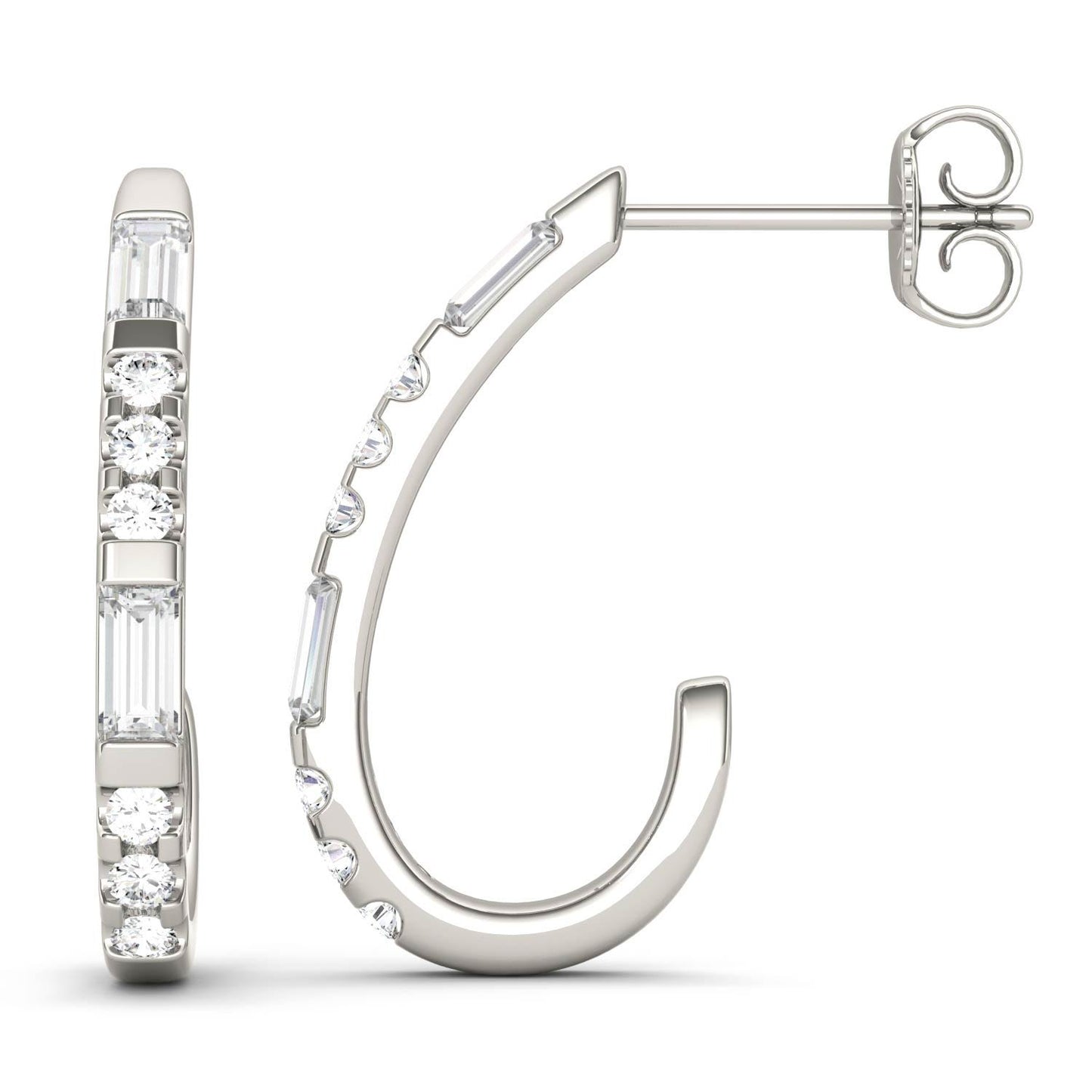 0.82 CTW DEW Straight Baguette Forever One Moissanite J-Hoop Earrings in 14K White Gold
