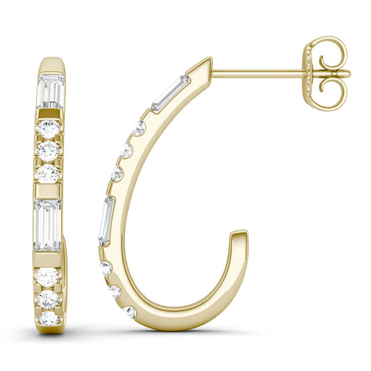0.82 CTW DEW Straight Baguette Forever One Moissanite J-Hoop Earrings in 14K Yellow Gold
