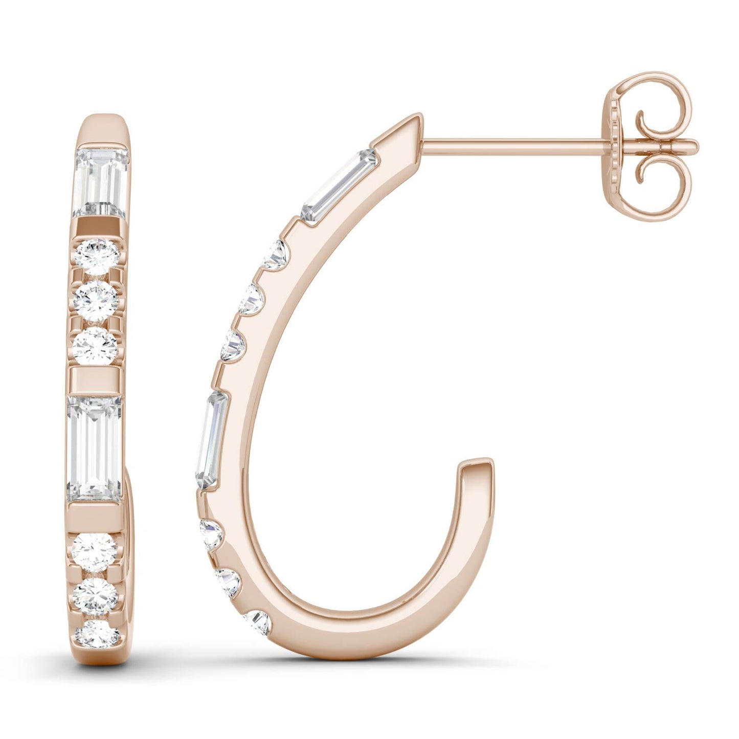 0.82 CTW DEW Straight Baguette Forever One Moissanite J-Hoop Earrings in 14K Rose Gold