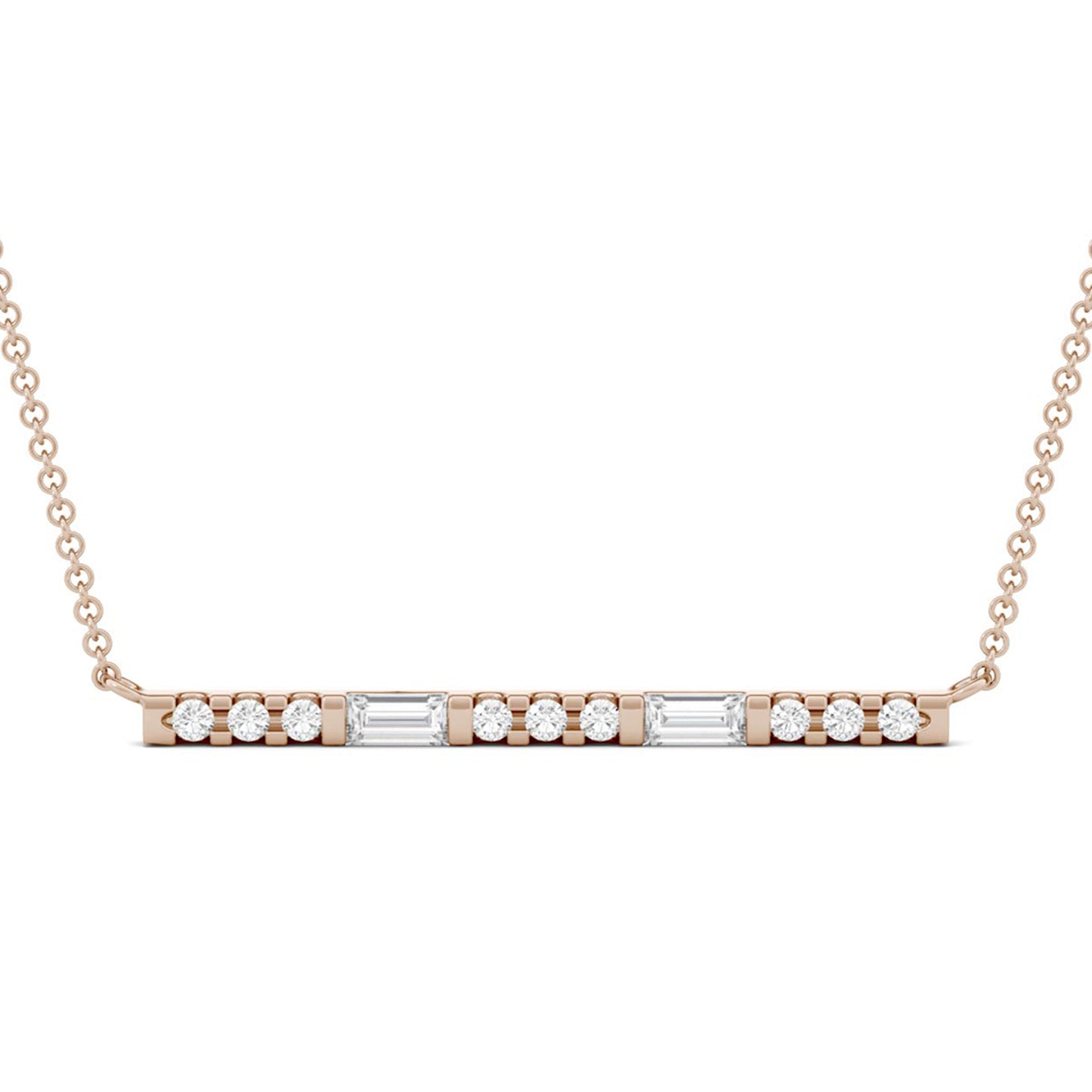 0.37 CTW DEW Straight Baguette Forever One Moissanite Horizontal Fashion Necklace in 14K Rose Gold