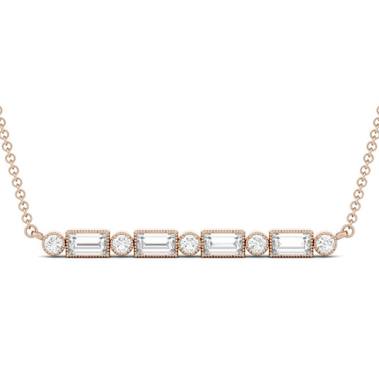 0.61 CTW DEW Straight Baguette Forever One Moissanite Horizontal Bar Necklace in 14K Rose Gold