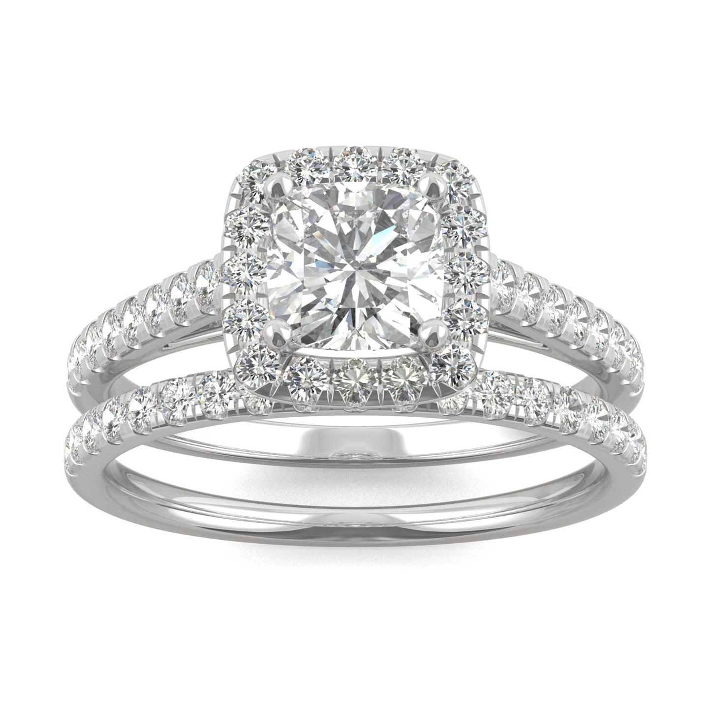 1.87 CTW DEW Cushion Forever One Moissanite Halo Bridal Set Ring in 14K White Gold