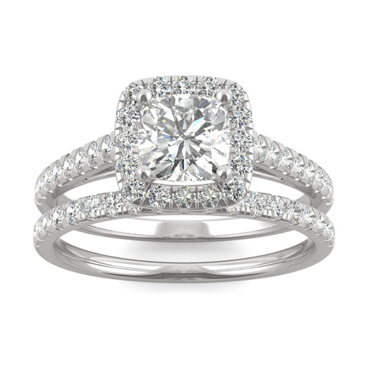 1.87 CTW DEW Cushion Forever One Moissanite Halo Bridal Set Ring in 14K White Gold