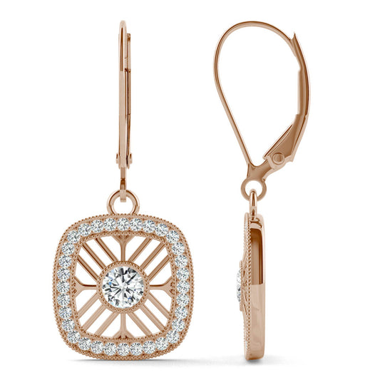 0.64 CTW DEW Round Forever One Moissanite Art Deco Leverback Earrings in 14K Rose Gold