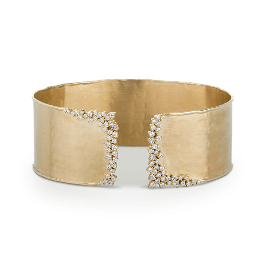 0.77 CTW DEW Round Forever One Moissanite Wide Accented Hammerd Cuff Bracelet in 14K Yellow Gold