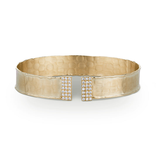 0.42 CTW DEW Round Forever One Moissanite Accented Hammered Cuff Bracelet in 14K Yellow Gold