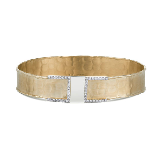 0.37 CTW DEW Round Forever One Moissanite Hammered Cuff with Accented Edges Bracelet in 14K Yellow Gold