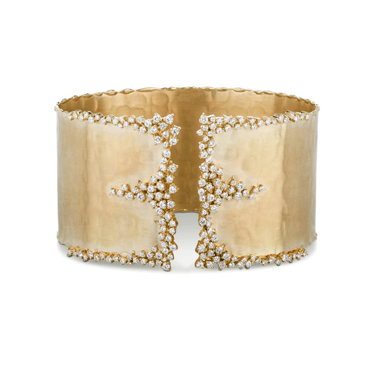 2.01 CTW DEW Round Forever One Moissanite Wide Hammered Cuff with Accented Edges Bracelet in 14K Yellow Gold