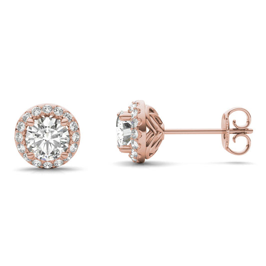 1.18 CTW DEW Round Forever One Moissanite Signature Halo Earrings in 14K Rose Gold