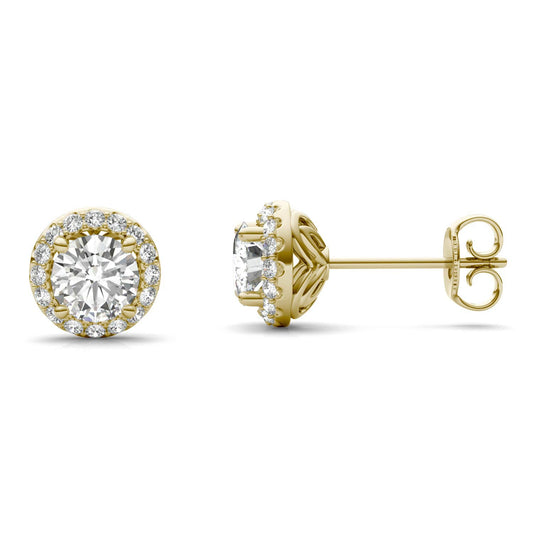 1.18 CTW DEW Round Forever One Moissanite Signature Halo Earrings in 14K Yellow Gold