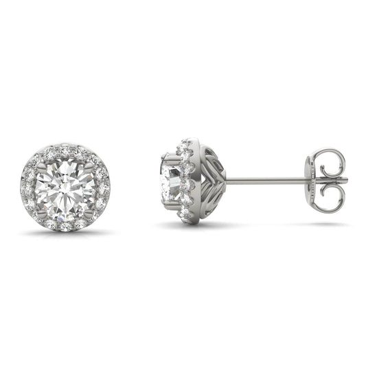 1.18 CTW DEW Round Forever One Moissanite Signature Halo Earrings in 14K White Gold
