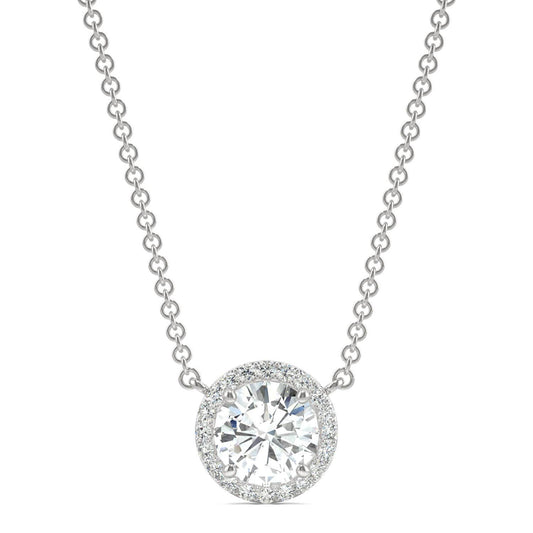 0.91 CTW DEW Round Forever One Moissanite Cluster Halo Signature Necklace in 14K White Gold