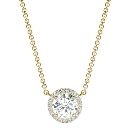 2.13 CTW DEW Round Forever One Moissanite Cluster Halo Signature Necklace in 14K Yellow Gold