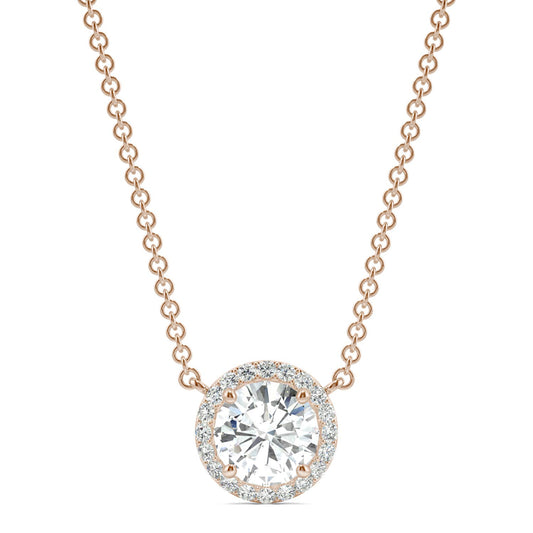 0.91 CTW DEW Round Forever One Moissanite Cluster Halo Signature Necklace in 14K Rose Gold