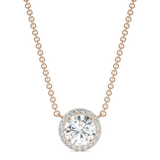 2.13 CTW DEW Round Forever One Moissanite Cluster Halo Signature Necklace in 14K Rose Gold