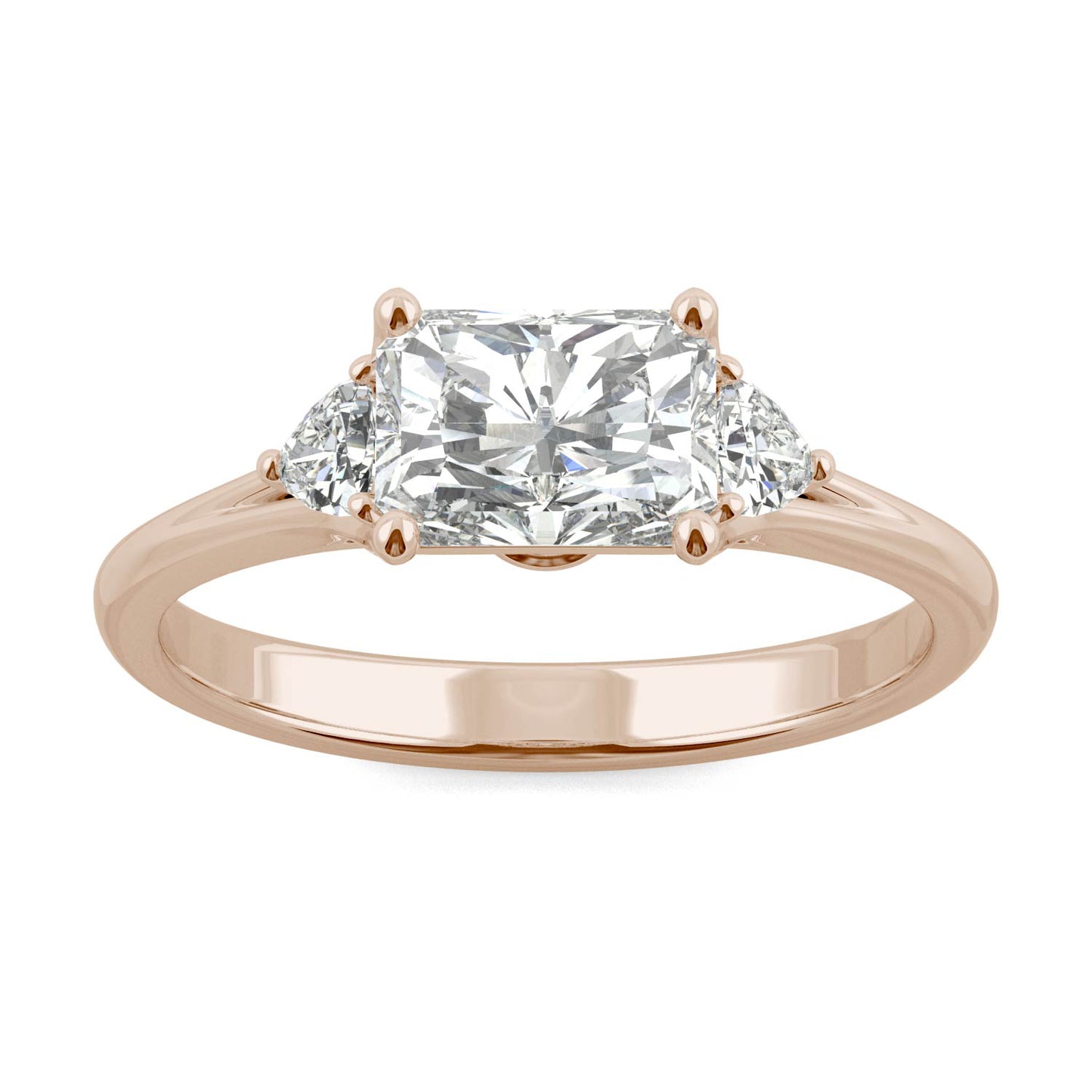 1.38 CTW DEW Radiant Forever One Moissanite Signature East-West Radiant Three Stone Ring in 14K Rose Gold