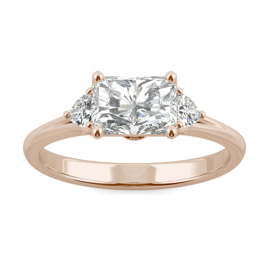 1.38 CTW DEW Radiant Forever One Moissanite Signature East-West Radiant Three Stone Ring in 14K Rose Gold