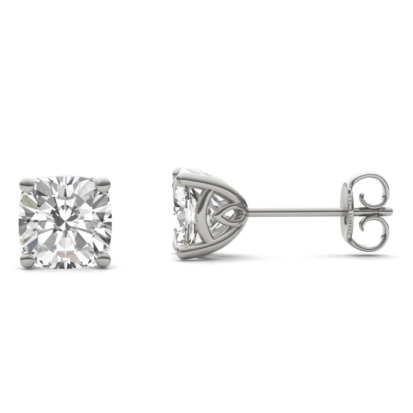 2.57 CTW DEW Cushion Forever One Moissanite Signature Basket Moissanite Stud Earrings in 14K White Gold