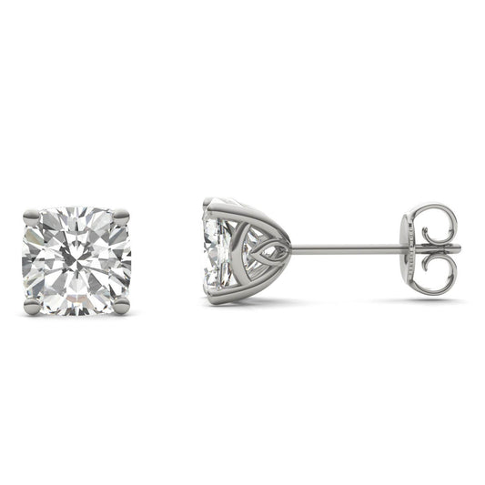 2.57 CTW DEW Cushion Forever One Moissanite Signature Basket Moissanite Stud Earrings in 14K White Gold