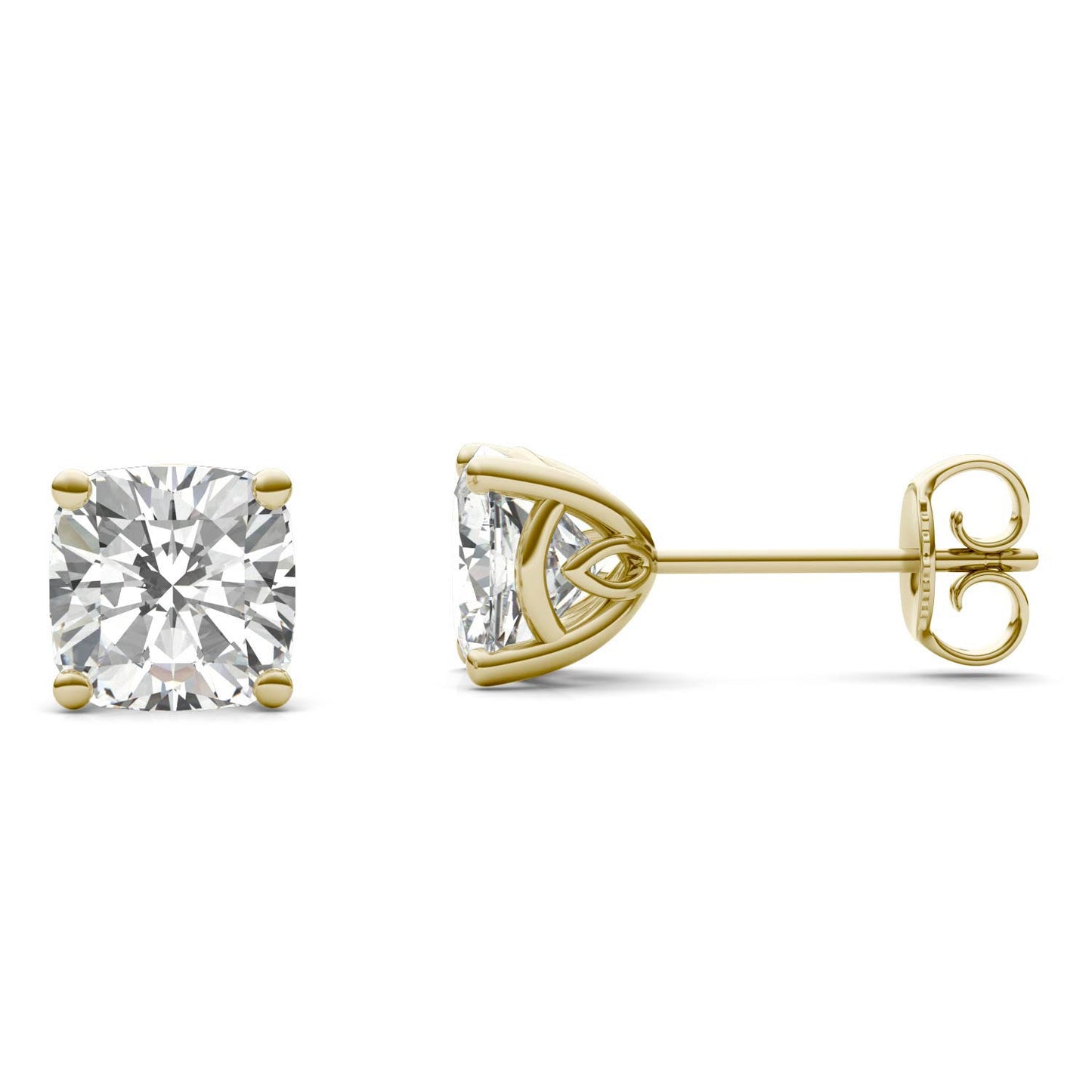 2.57 CTW DEW Cushion Forever One Moissanite Signature Basket Moissanite Stud Earrings in 14K Yellow Gold