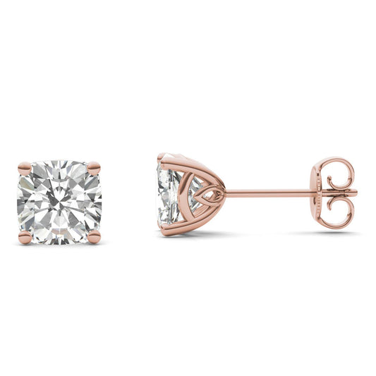 2.57 CTW DEW Cushion Forever One Moissanite Signature Basket Moissanite Stud Earrings in 14K Rose Gold