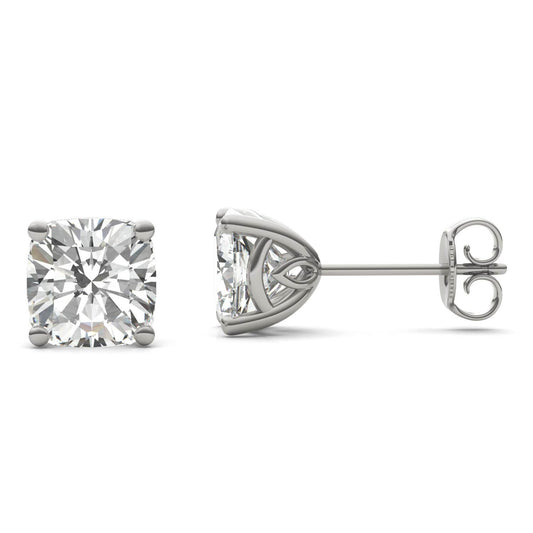 3.16 CTW DEW Cushion Forever One Moissanite Signature Basket Moissanite Stud Earrings in 14K White Gold