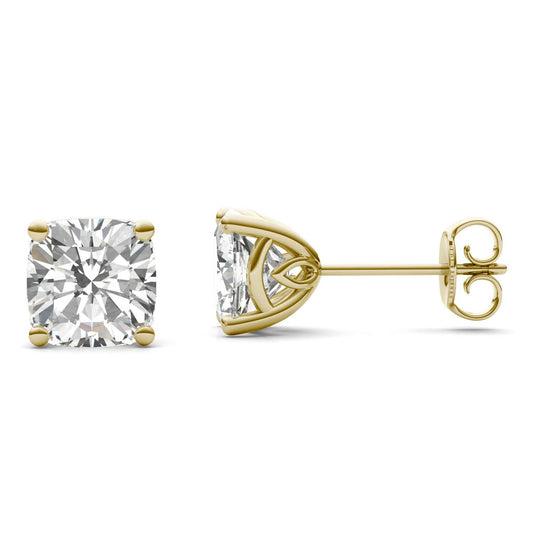 3.16 CTW DEW Cushion Forever One Moissanite Signature Basket Moissanite Stud Earrings in 14K Yellow Gold