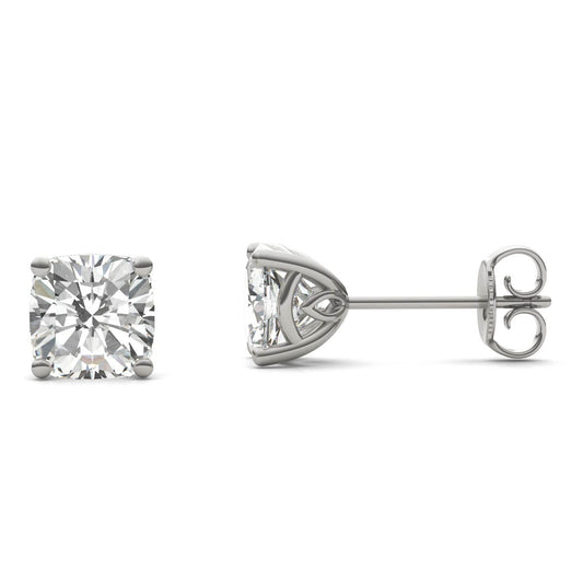 2.03 CTW DEW Cushion Forever One Moissanite Signature Basket Moissanite Stud Earrings in 14K White Gold
