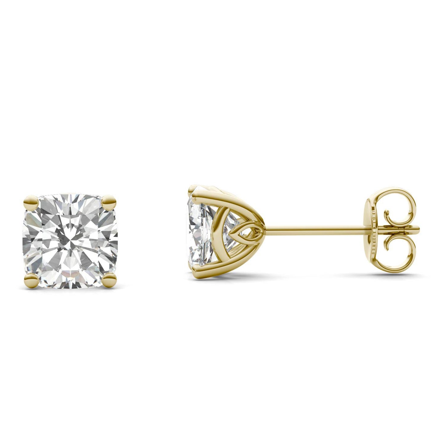 2.03 CTW DEW Cushion Forever One Moissanite Signature Basket Moissanite Stud Earrings in 14K Yellow Gold