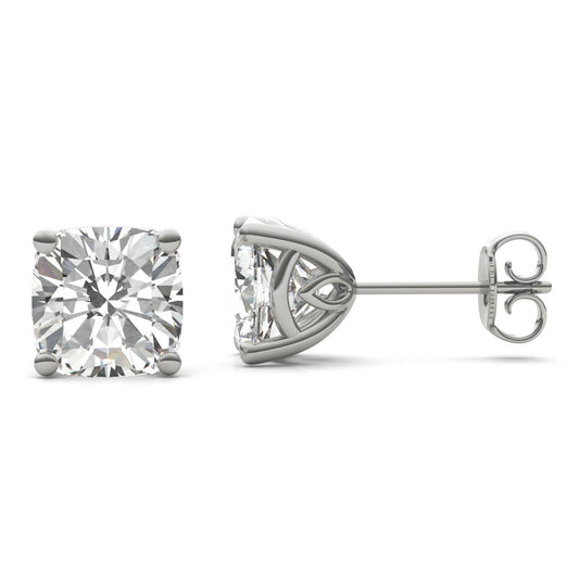 3.82 CTW DEW Cushion Forever One Moissanite Signature Basket Moissanite Stud Earrings in 14K White Gold