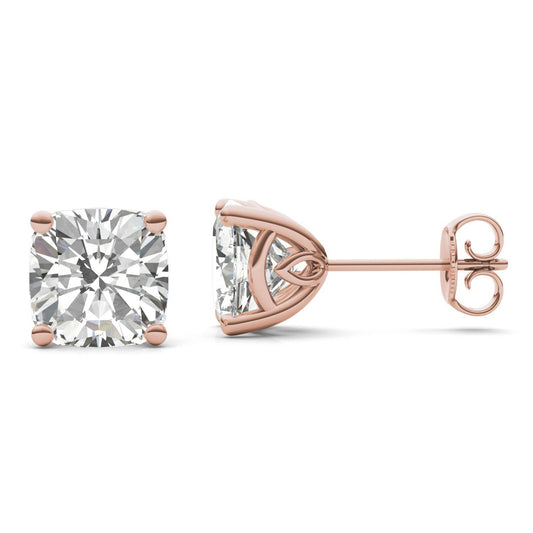 3.82 CTW DEW Cushion Forever One Moissanite Signature Basket Moissanite Stud Earrings in 14K Rose Gold