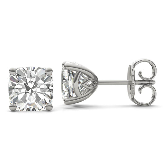 4.57 CTW DEW Cushion Forever One Moissanite Signature Basket Moissanite Stud Earrings in 14K White Gold