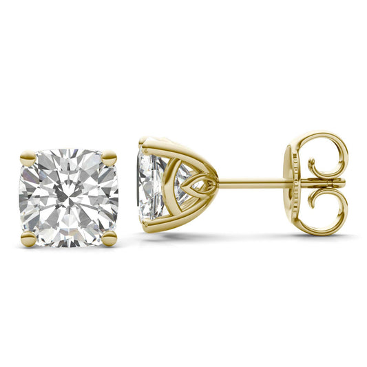 4.57 CTW DEW Cushion Forever One Moissanite Signature Basket Moissanite Stud Earrings in 14K Yellow Gold