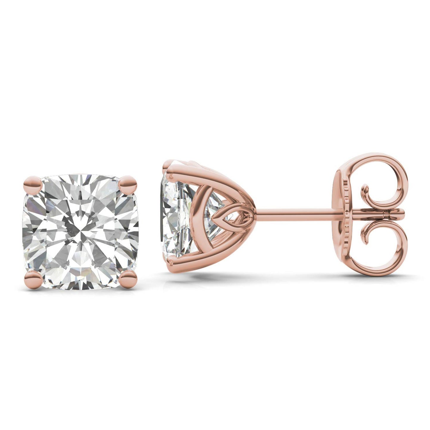 4.57 CTW DEW Cushion Forever One Moissanite Signature Basket Moissanite Stud Earrings in 14K Rose Gold